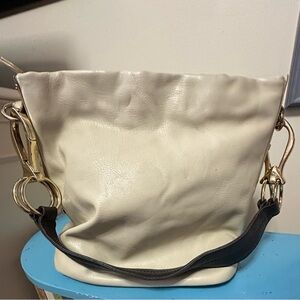 Myzitique Chic Cream Leather Shoulder Bag with Gold Accents